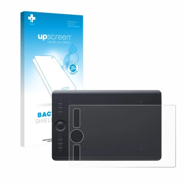 Face avant d’un emballage produit avec le logo de la marque upscreen. À côté, l’appareil Wacom Intuos Pro M (2017) est représe