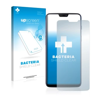 Face avant d’un emballage produit avec le logo de la marque upscreen. À côté, l’appareil OnePlus 6 est représenté avec la prot