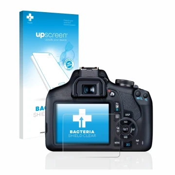 Face avant d’un emballage produit avec le logo de la marque upscreen. À côté, l’appareil Canon EOS 2000D est représenté avec l