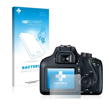 Face avant d’un emballage produit avec le logo de la marque upscreen. À côté, l’appareil Canon EOS 4000D est représenté avec l