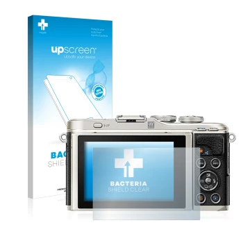 Face avant d’un emballage produit avec le logo de la marque upscreen. À côté, l’appareil Olympus PEN E-PL9 est représenté avec