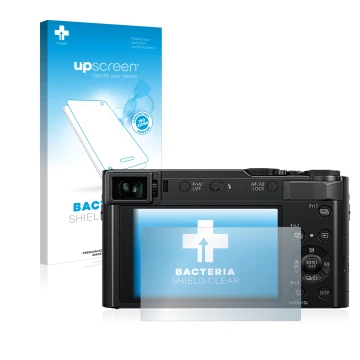 Face avant d’un emballage produit avec le logo de la marque upscreen. À côté, l’appareil Panasonic Lumix DC-TZ202 est représen