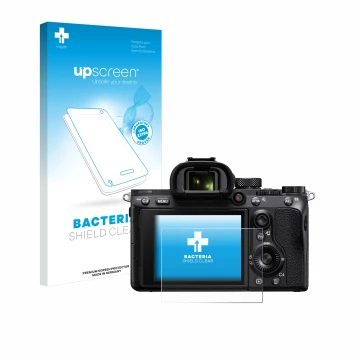 Face avant d’un emballage produit avec le logo de la marque upscreen. À côté, l’appareil Sony Alpha 7 III (ILCE-7M3) est repré