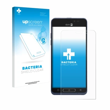 Face avant d’un emballage produit avec le logo de la marque upscreen. À côté, l’appareil Doro 8035 est représenté avec la prot