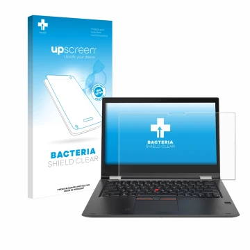 Face avant d’un emballage produit avec le logo de la marque upscreen. À côté, l’appareil Lenovo ThinkPad Yoga X380 est représe
