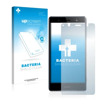 Face avant d’un emballage produit avec le logo de la marque upscreen. À côté, l’appareil Sony Xperia XZ2 Premium est représent