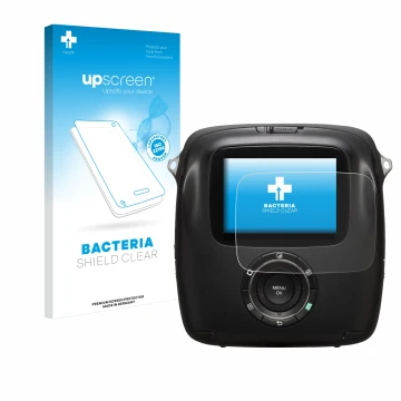 Face avant d’un emballage produit avec le logo de la marque upscreen. À côté, l’appareil Fujifilm Instax Square SQ10 est repré