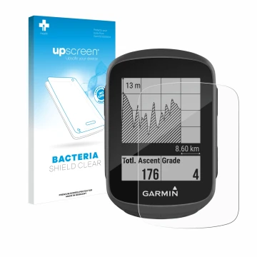 Face avant d’un emballage produit avec le logo de la marque upscreen. À côté, l’appareil Garmin Edge 130 est représenté avec l