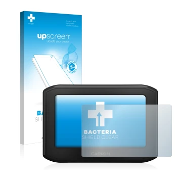 Face avant d’un emballage produit avec le logo de la marque upscreen. À côté, l’appareil Garmin zumo 396 LMT-S est représenté 
