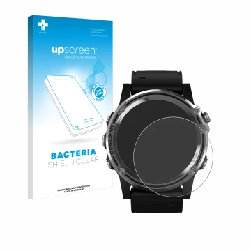 Face avant d’un emballage produit avec le logo de la marque upscreen. À côté, l’appareil Garmin Descent Mk1 est représenté ave