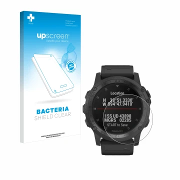 Face avant d’un emballage produit avec le logo de la marque upscreen. À côté, l’appareil Garmin Tactix Charlie est représenté 