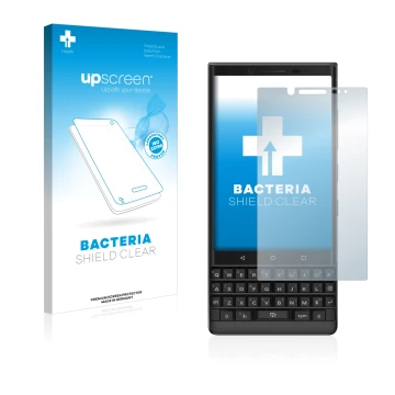 Face avant d’un emballage produit avec le logo de la marque upscreen. À côté, l’appareil BlackBerry Key2 est représenté avec l