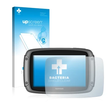 Face avant d’un emballage produit avec le logo de la marque upscreen. À côté, l’appareil TomTom Rider 500 est représenté avec 