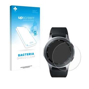 Face avant d’un emballage produit avec le logo de la marque upscreen. À côté, l’appareil Samsung Galaxy Watch (46 mm) est repr