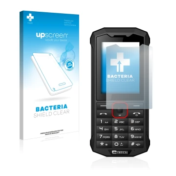 Face avant d’un emballage produit avec le logo de la marque upscreen. À côté, l’appareil Crosscall Spider X4 est représenté av