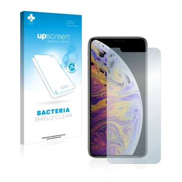 Face avant d’un emballage produit avec le logo de la marque upscreen. À côté, l’appareil Apple iPhone Xs Max est représenté av