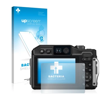Face avant d’un emballage produit avec le logo de la marque upscreen. À côté, l’appareil Panasonic Lumix DC-FT7 est représenté