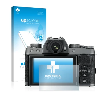 Face avant d’un emballage produit avec le logo de la marque upscreen. À côté, l’appareil Fujifilm X-T100 est représenté avec l