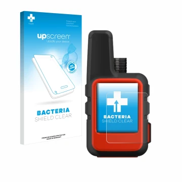 Face avant d’un emballage produit avec le logo de la marque upscreen. À côté, l’appareil Garmin inReach Mini est représenté av