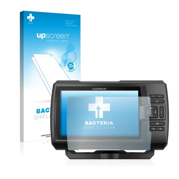 Face avant d’un emballage produit avec le logo de la marque upscreen. À côté, l’appareil Garmin Striker Plus 7cv est représent