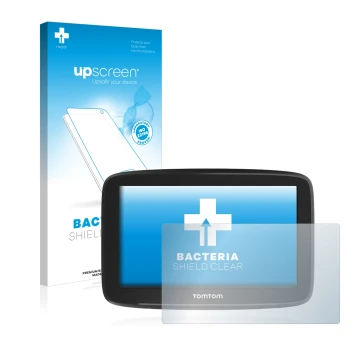 Face avant d’un emballage produit avec le logo de la marque upscreen. À côté, l’appareil TomTom GO Basic 5