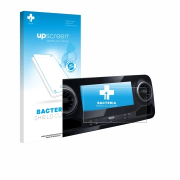 Face avant d’un emballage produit avec le logo de la marque upscreen. À côté, l’appareil Mercedes-Benz Sprinter 2018 MBUX 7