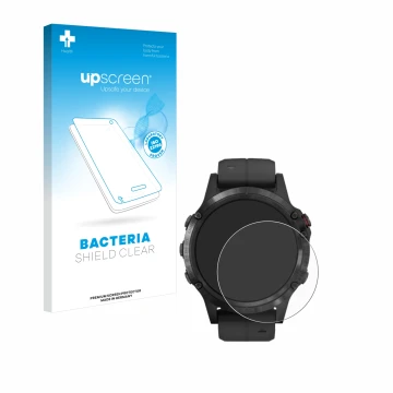 Face avant d’un emballage produit avec le logo de la marque upscreen. À côté, l’appareil Garmin Fenix 5 Plus (47 mm) est repré