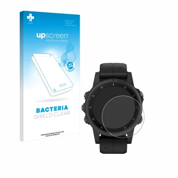 Face avant d’un emballage produit avec le logo de la marque upscreen. À côté, l’appareil Garmin Fenix 5S Plus (42 mm) est repr