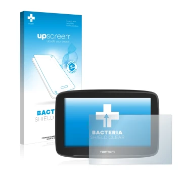 Face avant d’un emballage produit avec le logo de la marque upscreen. À côté, l’appareil TomTom GO Basic (6