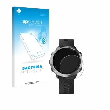 Face avant d’un emballage produit avec le logo de la marque upscreen. À côté, l’appareil Garmin Forerunner 645 Music est repré