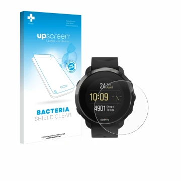 Face avant d’un emballage produit avec le logo de la marque upscreen. À côté, l’appareil Suunto 3 Fitness est représenté avec 