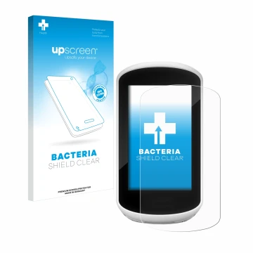 Face avant d’un emballage produit avec le logo de la marque upscreen. À côté, l’appareil Garmin Edge Explore 2018 est représen