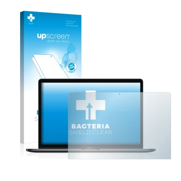 Face avant d’un emballage produit avec le logo de la marque upscreen. À côté, l’appareil Apple MacBook Pro 15