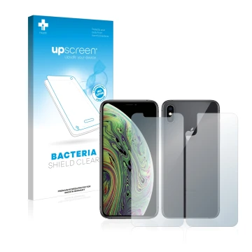 Face avant d’un emballage produit avec le logo de la marque upscreen. À côté, l’appareil Apple iPhone Xs (Avant+Arrière) est r