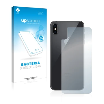 Face avant d’un emballage produit avec le logo de la marque upscreen. À côté, l’appareil Apple iPhone Xs Max (Le dos) est repr