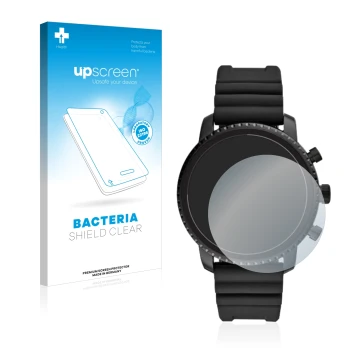Face avant d’un emballage produit avec le logo de la marque upscreen. À côté, l’appareil Fossil Q Explorist HR (4.Gen) est rep