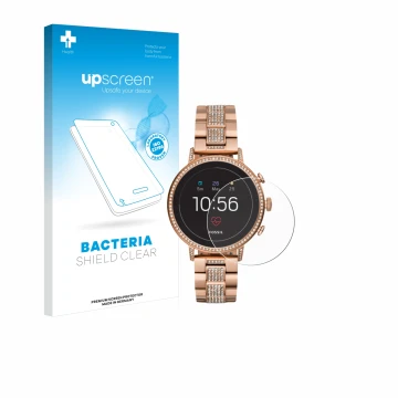 Face avant d’un emballage produit avec le logo de la marque upscreen. À côté, l’appareil Fossil Q Venture HR (4.Gen) est repré