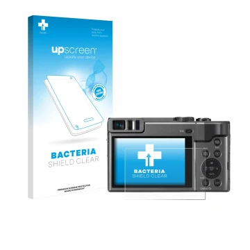 Face avant d’un emballage produit avec le logo de la marque upscreen. À côté, l’appareil Panasonic Lumix DC-TZ90 est représent