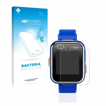 Face avant d’un emballage produit avec le logo de la marque upscreen. À côté, l’appareil Vtech Kidizoom Smart Watch DX2 est re