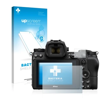 Face avant d’un emballage produit avec le logo de la marque upscreen. À côté, l’appareil Nikon Z 7 est représenté avec la prot