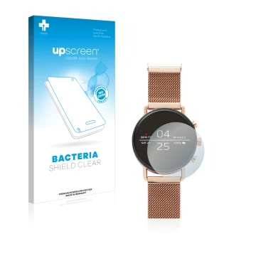 Face avant d’un emballage produit avec le logo de la marque upscreen. À côté, l’appareil Skagen Smartwatch Falster 40mm est re