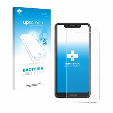 Face avant d’un emballage produit avec le logo de la marque upscreen. À côté, l’appareil Motorola One est représenté avec la p