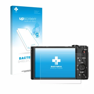 Face avant d’un emballage produit avec le logo de la marque upscreen. À côté, l’appareil Sony Cyber-Shot DSC-HX99 est représen