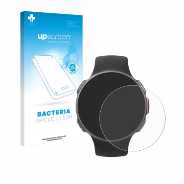 Face avant d’un emballage produit avec le logo de la marque upscreen. À côté, l’appareil Polar Vantage V est représenté avec l