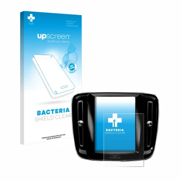 Face avant d’un emballage produit avec le logo de la marque upscreen. À côté, l’appareil Volvo XC40 Sensus Connect 8.7