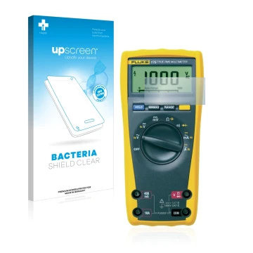 Face avant d’un emballage produit avec le logo de la marque upscreen. À côté, l’appareil Fluke MultiMeter 175 est représenté a