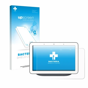 Face avant d’un emballage produit avec le logo de la marque upscreen. À côté, l’appareil Google Home Hub est représenté avec l