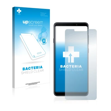 Face avant d’un emballage produit avec le logo de la marque upscreen. À côté, l’appareil Samsung Galaxy A9 2018 est représenté