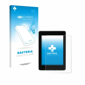 Face avant d’un emballage produit avec le logo de la marque upscreen. À côté, l’appareil Amazon Kindle Paperwhite 2018 (10ème 