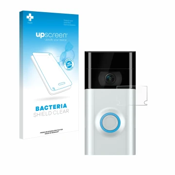 Face avant d’un emballage produit avec le logo de la marque upscreen. À côté, l’appareil Ring Doorbell 2 (Lentille) est représ